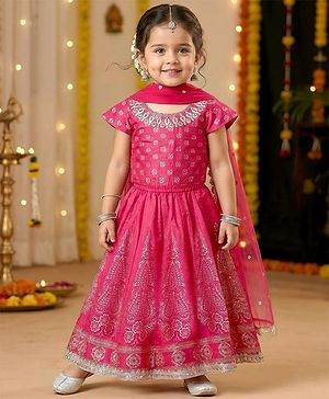 Babyhug Woven Half Sleeves Lehenga Choli Set With Floral Foil Print & Embroidery And Dupatta - Dark Pink