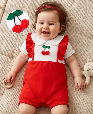 Mark & Mia Cotton Knit Half
                              Sleeves Romper with Pom Pom & Frill
                              Detailing - Red