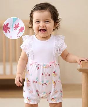 Mark & Mia Interlock Knit Half
                              Sleeves Floral Printed Romper with Lace
                              Detailing & Bow Applique - White