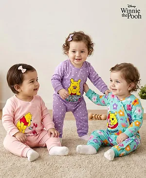 Babyhug Disney Interlock Knit Full
                              Sleeves Front Open Rompers with Winnie the
                              Pooh Graphics Pack of 3 - Pink Turquoise
                              & Lilac