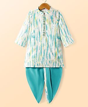 Babyhug Cotton Woven Full Sleeves Kurta Dhoti Set With Abstract Print & Embroidery - Turquoise