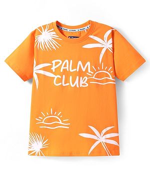 Pine Kids Cotton Knit Half Sleeves T-Shirt With Palm Club Text Print - Orange