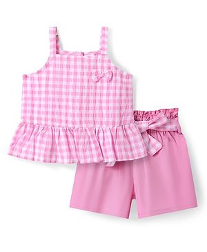 Babyhug Cotton Woven Sleeveless Checks Top & Shorts Set With Bow Applique - Pink