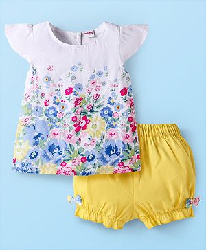 Babyhug Cotton Knit Frill Sleeves Floral Print Top & Shorts Set - White & Yellow