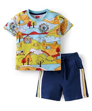 Babyhug Single Jersey Knit Half Sleeves Printed T-Shirt & Striped Shorts Set - Blue
