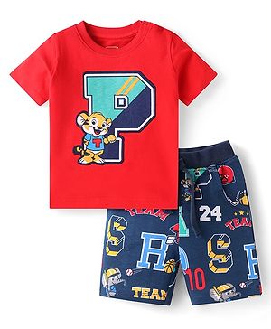 Babyhug Single Jersey Knit Half Sleeves T-Shirt & Shorts Set With Text Print & Tiger Patch - Red & Navy Blue