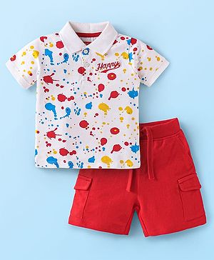 Babyhug Single Jersey Knit Half Sleeves Printed Polo T-Shirt & Solid Shorts Set - White & Red