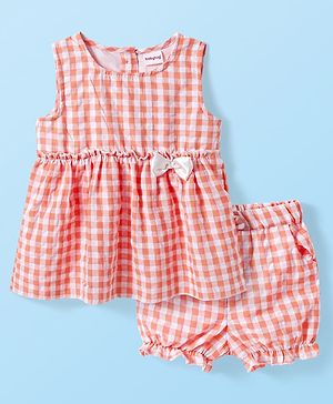 Babyhug Cotton Woven Sleeves  Checks Top & Shorts Sets with Bow Applique - Orange
