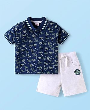 Babyhug Single Jersey Knit Half Sleeves T-Shirt & Shorts Set With Tree Print - Navy Blue & White
