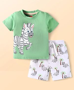 Babyhug Single Jersey Knit Half Sleeves T-Shirt & Shorts Set With Zebra Print - Green White