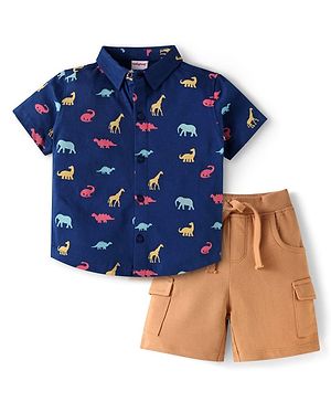 Babyhug Single Jersey Knit Half Sleeves Shirt & Shorts Set With Dino Print - Navy Blue & Brown