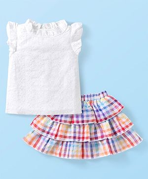Babyhug Cotton Woven Half Sleeves Schiffli Top & Checkered Frill Skirt Set -  White & Red Yellow Blue