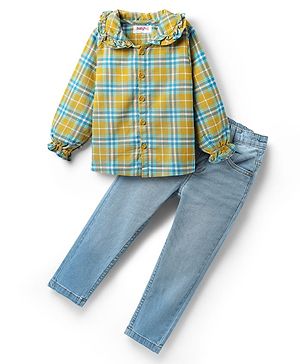 Babyhug Cotton Woven Full Sleeves Top & Jeans with Checks Print - Yellow & Blue