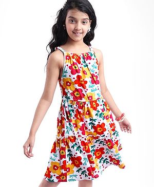 Pine Kids Cotton Knit Singlet Sleeves Frock with Floral Print - White