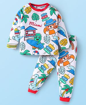 Babyhug Cotton Knit Full Sleeves Night Suit With Animal & Beach Theme Print - White