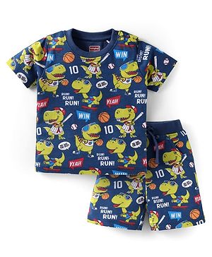 Babyhug Single Jersey Knit Half Sleeves T-Shirt & Shorts Set With Dino Print - Navy Blue