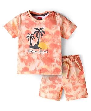 Babyhug Single Jersey Knit Half Sleeves Beach Theme T-Shirt & Shorts Set - Coral