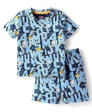 Babyhug Single Jersey Knit Half Sleeves Text Printed T-Shirt & Shorts Set - Light Blue