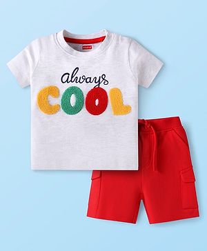 Babyhug Single Jersey Knit Half Sleeves T-Shirt & Shorts Set with Text Print & Embroidery - Red & White