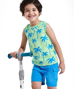 Babyhug Single Jersey Knit Sleeveless Tank T-Shirt & Shorts Set With Tree Print - Light Green & Blue