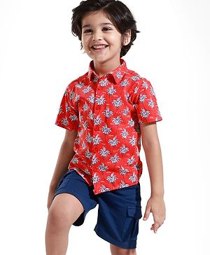 Babyhug Single Jersey Knit Half Sleeves Tropical Theme Printed Front Open Shirt & Short Set - Red & Blue