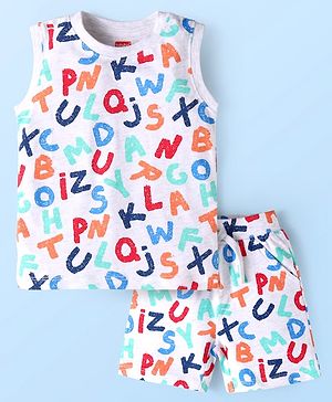 Babyhug Single Jersey Knit  Sleeveless T-Shirt & Shorts Set with Alphabets Print - White
