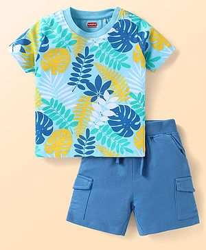 Babyhug Single Jersey Knit Half Sleeves T-Shirt & Shorts Set with Tropical Theme Print - Blue