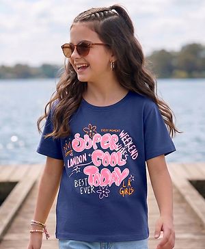 Pine Kids Cotton Knit Half Sleeves T-Shirt with Text Print - Navy Blue