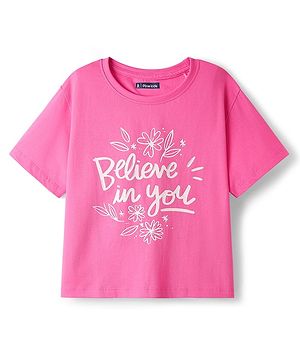 Pine Kids Cotton Knit Half Sleeves Drop Shoulder T-Shirt With Believe In You Text Print - Pink