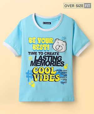 Pine Kids Cotton Knit Half Sleeves T-Shirt with Text Print - Turquoise