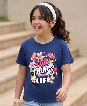 Pine Kids Cotton Knit Half Sleeves T-Shirt with Text Print - Navy Blue