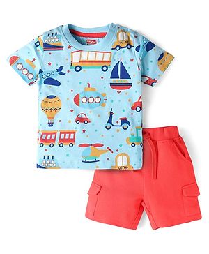 Babyhug Single Jersey Knit Half Sleeves T-Shirt & Shorts Set With Vehicle Print - Light Blue & Red