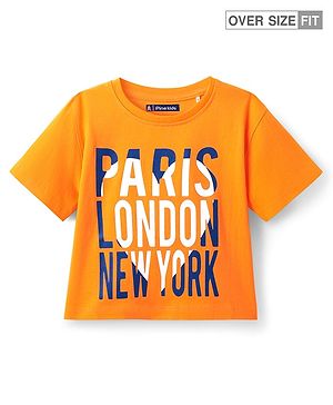 Pine Kids Cotton Knit Half Drop Shoulder Sleeves Oversize  T-Shirt With Paris London New York Text Print - Yellow
