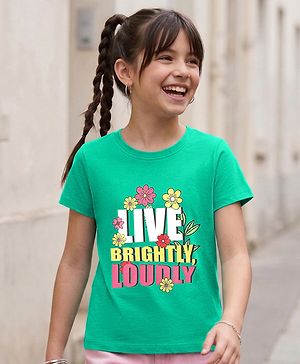Pine Kids Cotton Knit Half Sleeves T-Shirt With Live Brightly Loudly Text Print - Light Green