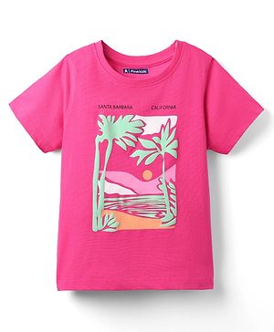 Pine Kids Cotton Knit Half Sleeves T-Shirt with Beach Theme Print - Pink