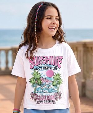 Pine Kids Cotton Knit Half Sleeves Oversized Shoulder Drop T-Shirt With Sunshine Text Print - White