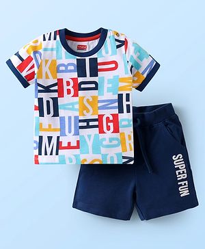 Babyhug Single Jersey Knit Half Sleeves T-Shirt & Shorts Set With Text Print - White & Navy Blue