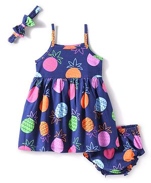 Babyhug Cotton Knit Singlet Sleeves Tropical Theme Frock with Bloomer & Head Band -  Navy Blue