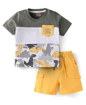 Babyhug Single Jersey Knit Half Sleeves Dino Theme T-Shirt & Shorts Set - Grey & Yellow