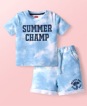 Babyhug Single Jersey Knit Half Sleeves T-Shirt & Shorts Set With Tie & Dye & Text Print - Light Blue