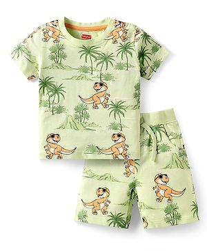 Babyhug Single Jersey Knit Half Sleeves T-Shirt & Shorts Set With Dino Print - Light Green