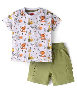 Babyhug Single Jersey Knit Half Sleeves Animal Print T-Shirt & Shorts Set - Olive Green & Grey