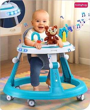 Babyhug Teddy Foldable Baby Walker with Toy Bar Music & Lights - Teal Blue| Adjustable Height| 360° Swivel Wheels| Detachable Toy Bar