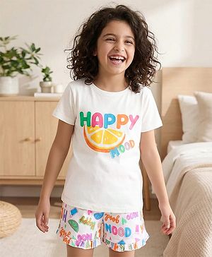 Pine Kids Single Jersey Knit Half Sleeves Shorts Night Suit with Happy Mood Text Print - White