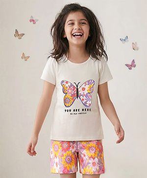 Pine Kids Single Jersey Knit Half Sleeves Shorts Night Suit With Butterfly & Floral Print - White & Purple