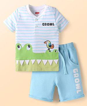 Babyhug Single Jersey Knit Half Sleeves Front Open T-Shirt & Shorts Set With Crocodile Print & Bird Patch - Light Blue