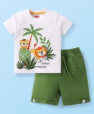 Babyhug Single Jersey Knit Half Sleeves T-Shirt & Shorts Set with Jungle Theme Print - White & Green