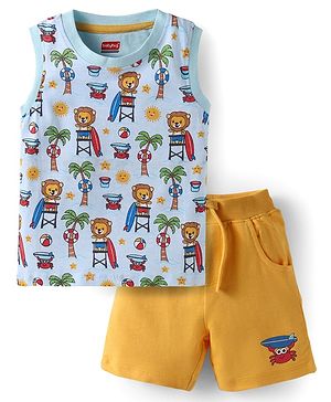 Babyhug Single Jersey Knit Sleeveless T-Shirt and Short Set with Animal Print- Light Blue & Yellow