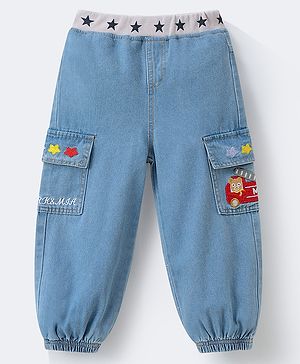 Mark & Mia Full Length Washed Jeans with Polka Dots Print & Bunny Embroidery - Blue