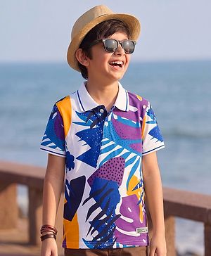 Pine Kids Cotton Knit Half Sleeves Polo T-Shirt with Tropical Print - Purple & White